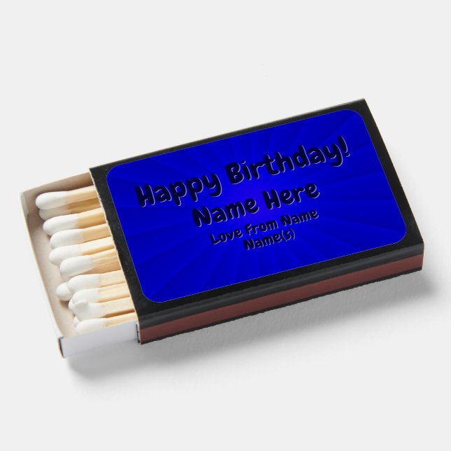 Add Name Edit Text Happy Birthday Blue Sunburst Matchboxes (Front Open)