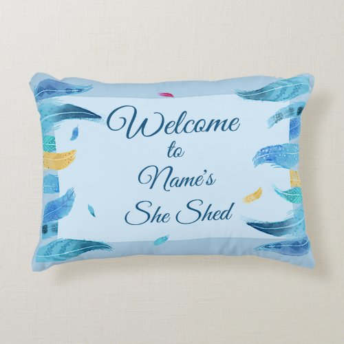 Add Name Edit Text She Shed Boho Blue Feathers     Accent Pillow