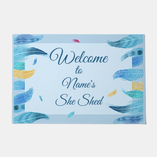 Add Name Edit Text She Shed Boho Blue Feathers     Doormat