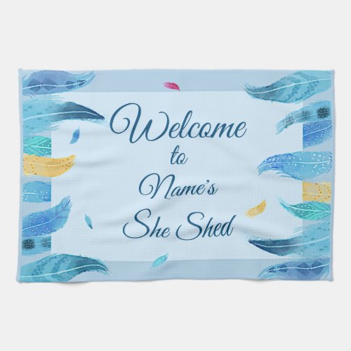 Add Name Edit Text She Shed Boho Blue Feathers     Kitchen Towel