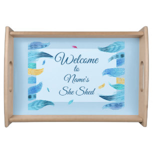 Add Name Edit Text She Shed Boho Blue Feathers Serving Tray