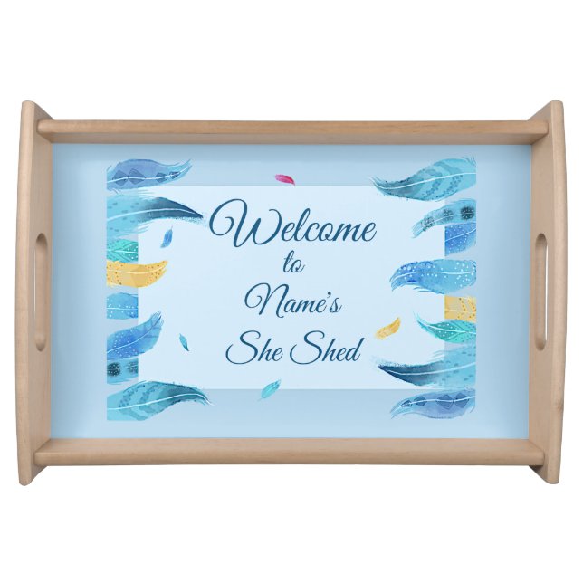 Add Name Edit Text She Shed Boho Blue Feathers     Serving Tray (Front)