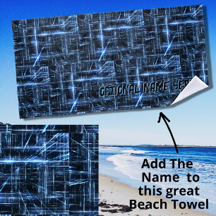 Add Name, Electric Blue Abstract Lights on Black Beach Towel