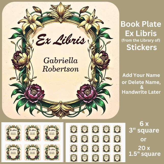 Add Name Ex Libris Elegant Art Nouveau Square Sticker (Creator Uploaded)