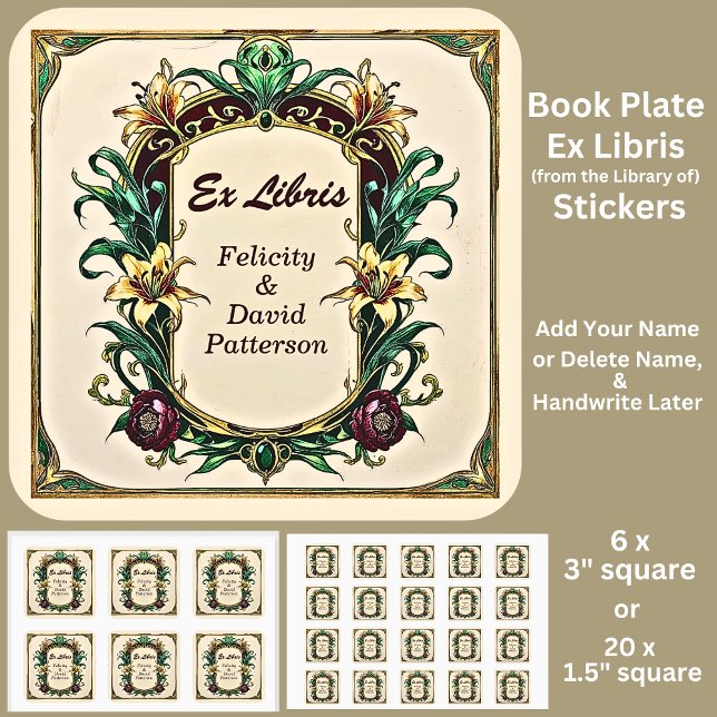 Add Name Ex Libris Elegant Art Nouveau Square Sticker (Creator Uploaded)