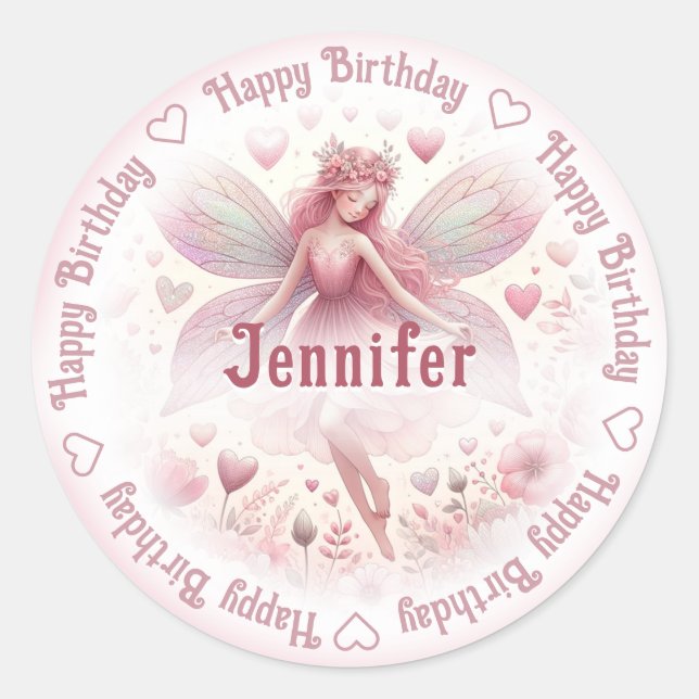 Add Name Fairy & Flowers Classic Round Sticker (Front)