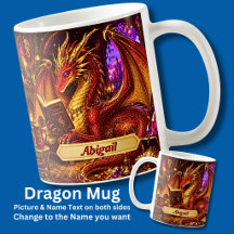 Add Name, Fantasy Dragon with Book & Coffee