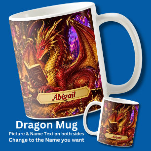 Add Name, Fantasy Dragon with Book & Coffee  Mug