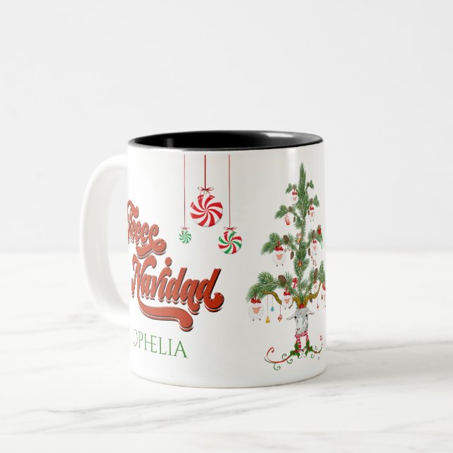 Add Name Fleece Navidad Merry Christmas Sheep Tree Two-Tone Coffee Mug (Front Left)