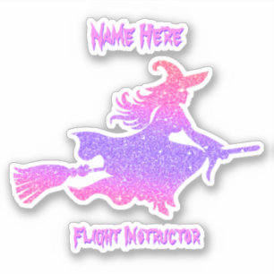 Add Name, Flight Instructor Witch on Flying Broom Sticker