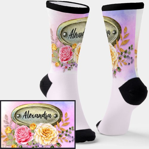 Add Name Floral Roses with Nameplate Plinth Socks