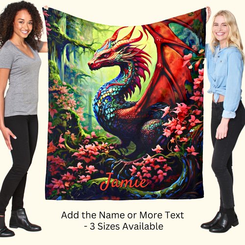 Add Name Flower Dragon With Red Wings Fleece Blanket