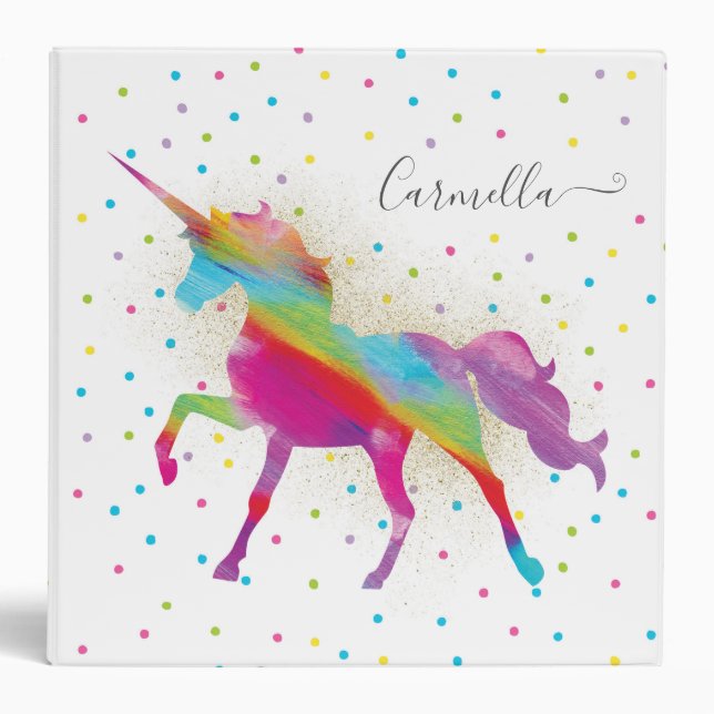 Add Name - Gold Glitter Rainbow Unicorn Invitation Binder (Front)
