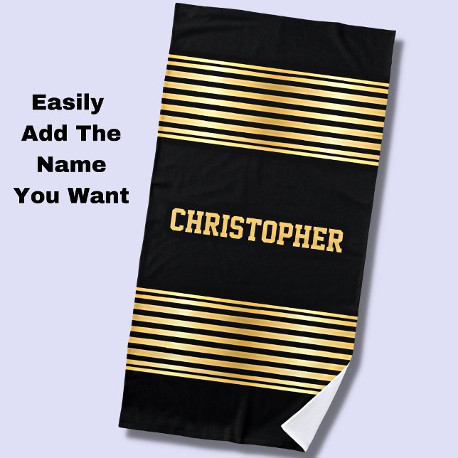 Add Name, Gold Stripes on Black Beach Towel (Creator Uploaded)