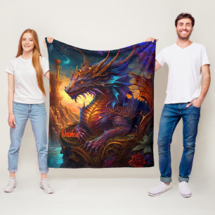 Add Name, Golden Red & Blue Iridescent Dragon Fleece Blanket