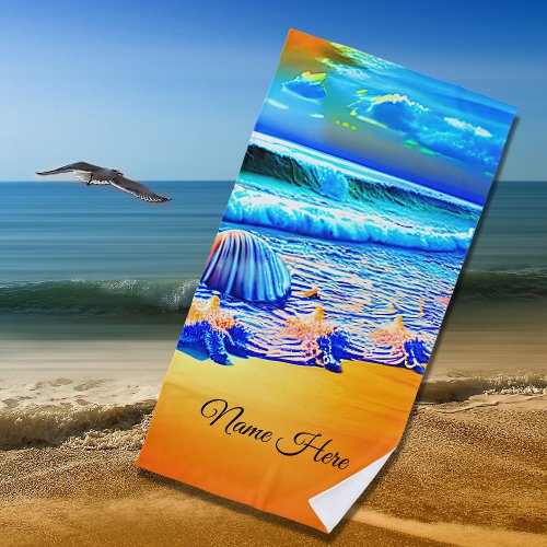 Add Name Golden Sands Ocean Waves Sea Shells Blue Beach Towel