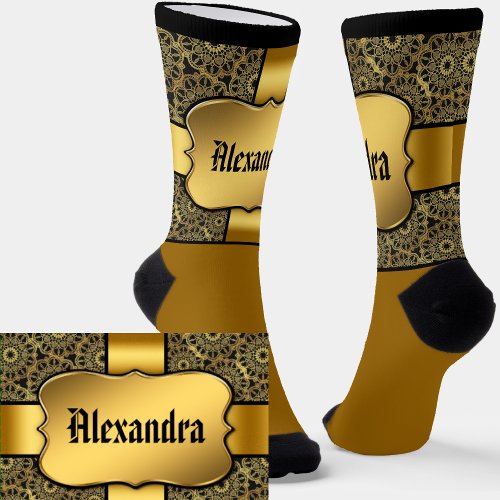 Add Name Golden Shield on Gold Ribbon  Lace Look Socks
