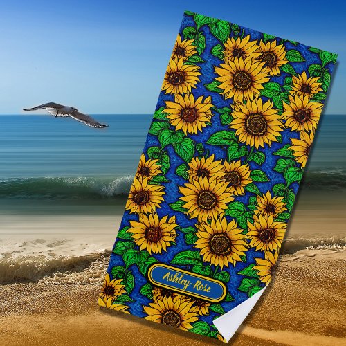 Add Name Golden Sunflowers  Leaves on Dark Blue  Beach Towel
