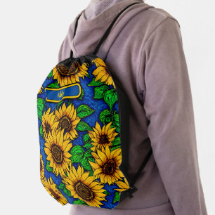 Add Name Golden Sunflowers & Leaves on Dark Blue Drawstring Bag