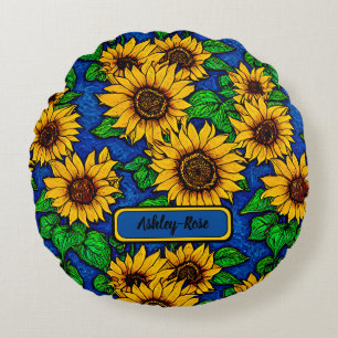 Add Name Golden Sunflowers & Leaves on Dark Blue Round Pillow
