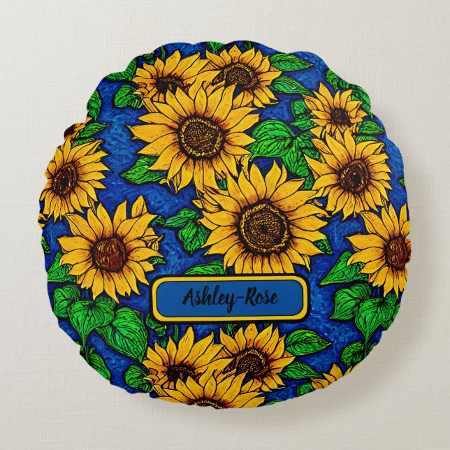 Add Name Golden Sunflowers & Leaves on Dark Blue   Round Pillow (Front)