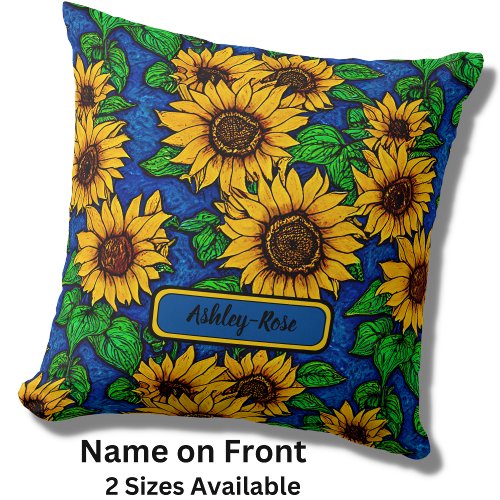 Add Name Golden Sunflowers  Leaves on Dark Blue  Throw Pillow