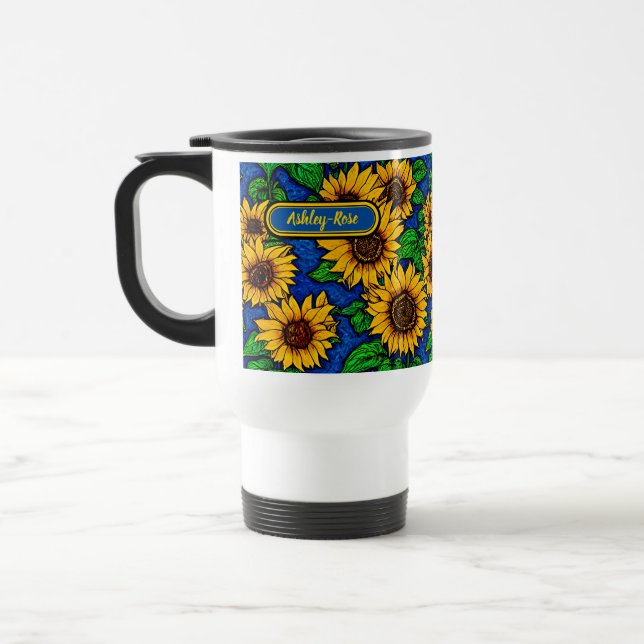 Add Name Golden Sunflowers & Leaves on Dark Blue  Travel Mug (Left)