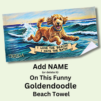 Add Name, Goldendoodle Dog Splashing in the Waves Beach Towel