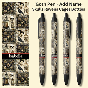 Add Name, Goth Skulls Ravens Cages Bottles Black Pen