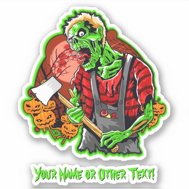 Add Name, Green Ax Murderer Monster Pumpkins Moon  Sticker (Front)