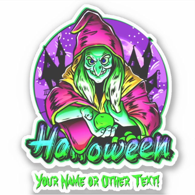 Add Name, Green Purple Witch Apple Ball Sticker (Front)