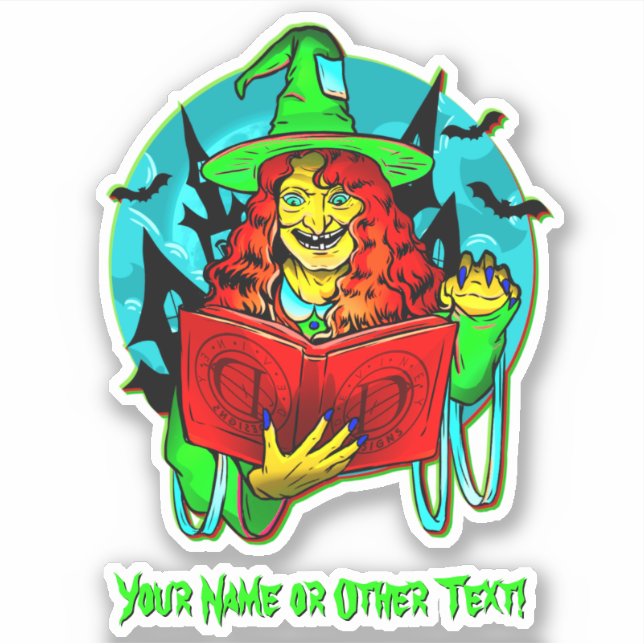 Add Name, Green Yellow Red Witch Divine Signs Book Sticker (Front)