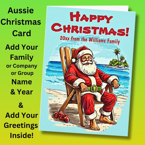 Add Name Greeting Text Santa on Beach Chair        Card