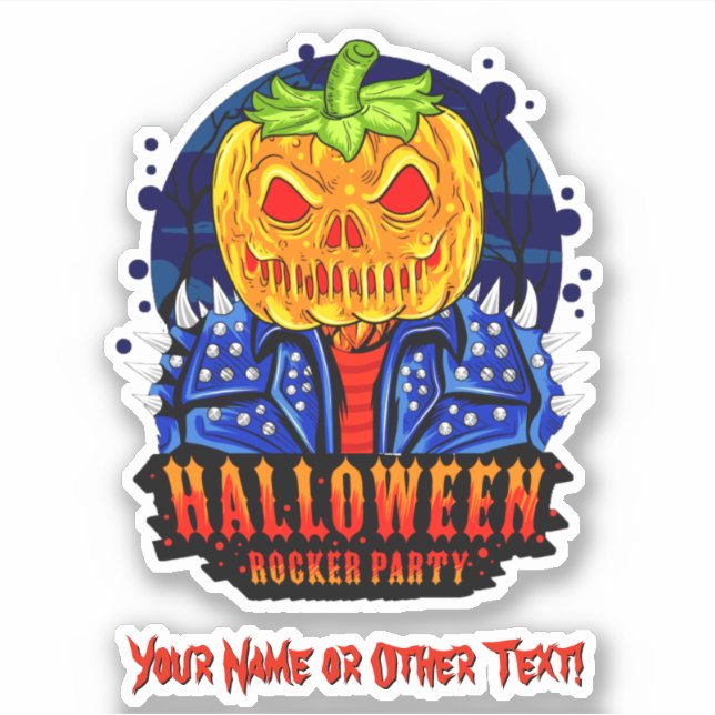 Add Name, Halloween Rocker Party Pumpkin Head      Sticker (Front)