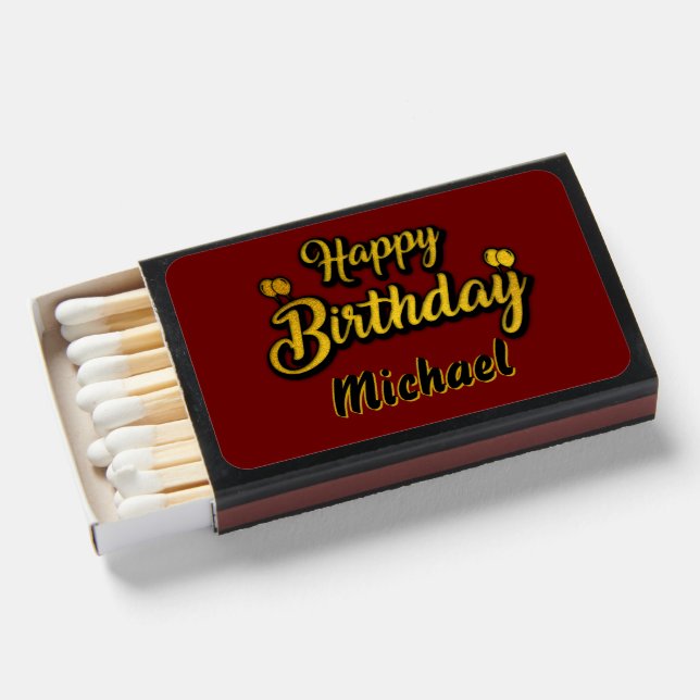 Add Name Happy Birthday Black Gold on Dark Red Matchboxes (Front Open)