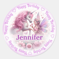 Add Name Happy Birthday Fairy & Unicorn Classic Round Sticker