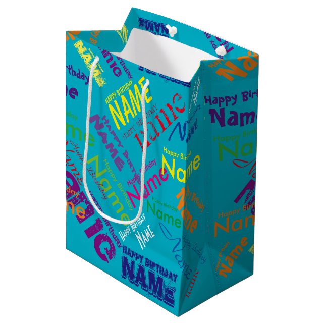 Add Name, Happy Birthday Medium Gift Bag (Front Angled)