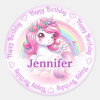 Add Name Happy Birthday Unicorn Classic Round Sticker