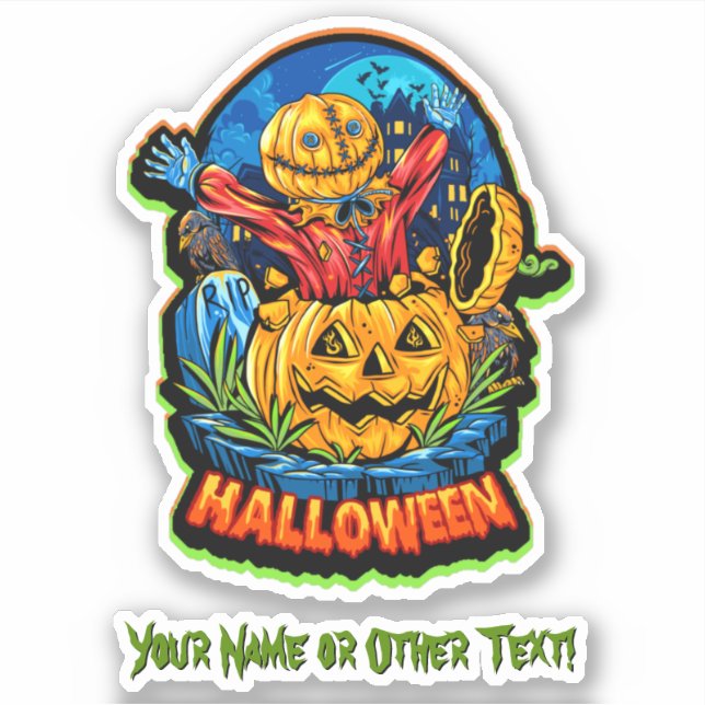 Add Name, Happy Pumpkin Head Scarecrow Surprise    Sticker (Front)