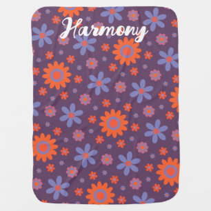Add Name Happy Retro Flowers 70s Daisy Funny Cute Baby Blanket