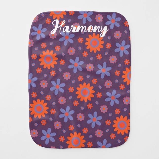 Add Name Happy Retro Flowers 70s Daisy Funny Cute Baby Burp Cloth (Front)