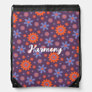 Add Name Happy Retro Flowers 70s Daisy Funny Cute Drawstring Bag