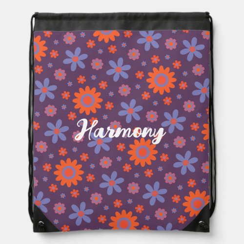 Add Name Happy Retro Flowers 70s Daisy Funny Cute Drawstring Bag