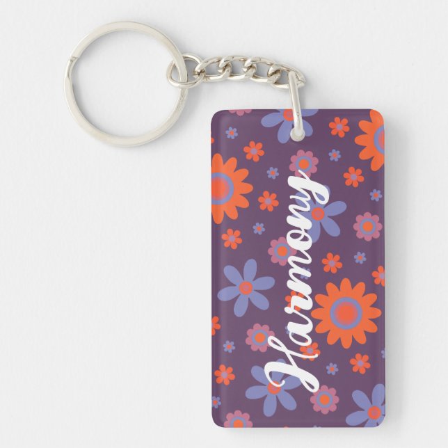 Add Name Happy Retro Flowers 70s Daisy Funny Cute Keychain (Front)