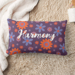 Add Name Happy Retro Flowers 70s Daisy Funny Cute Lumbar Pillow