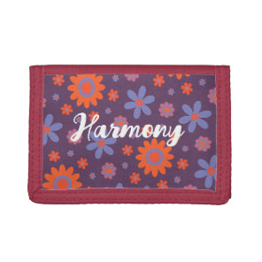 Add Name Happy Retro Flowers 70s Daisy Funny Cute Tri-fold Wallet
