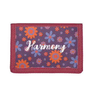 Add Name Happy Retro Flowers 70s Daisy Funny Cute Tri-fold Wallet