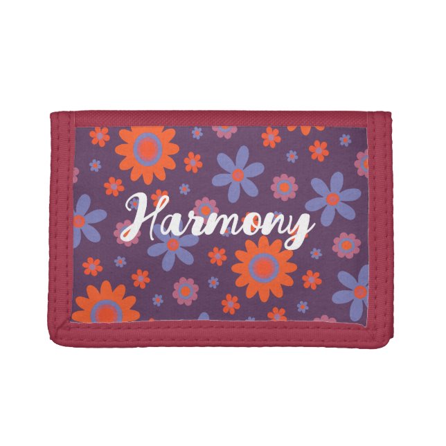Add Name Happy Retro Flowers 70s Daisy Funny Cute Trifold Wallet (Front)