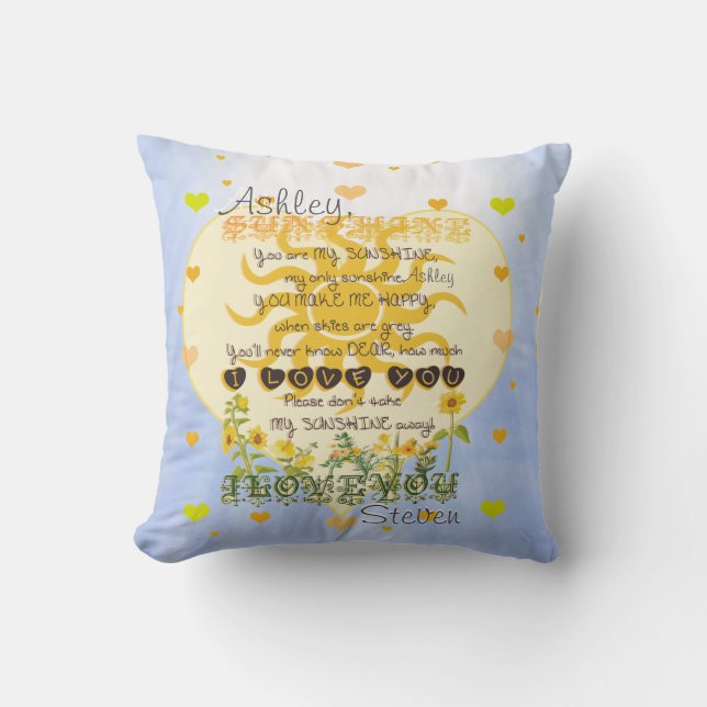 Add Name Hearts & Sunshine Throw Pillow (Front)