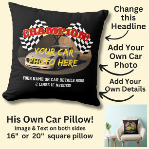 Add Name His Car Photo Text, Champion Winner Flag Throw Pillow